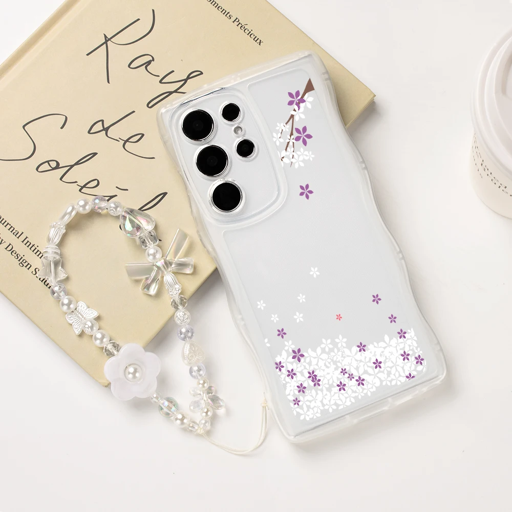 Flowers Floral Phone Case for Samsung Grey A53 A54 A24 A33 A23 A13 5G Soft TPU Transparent Cover Pendant Bracelet Coque Capa