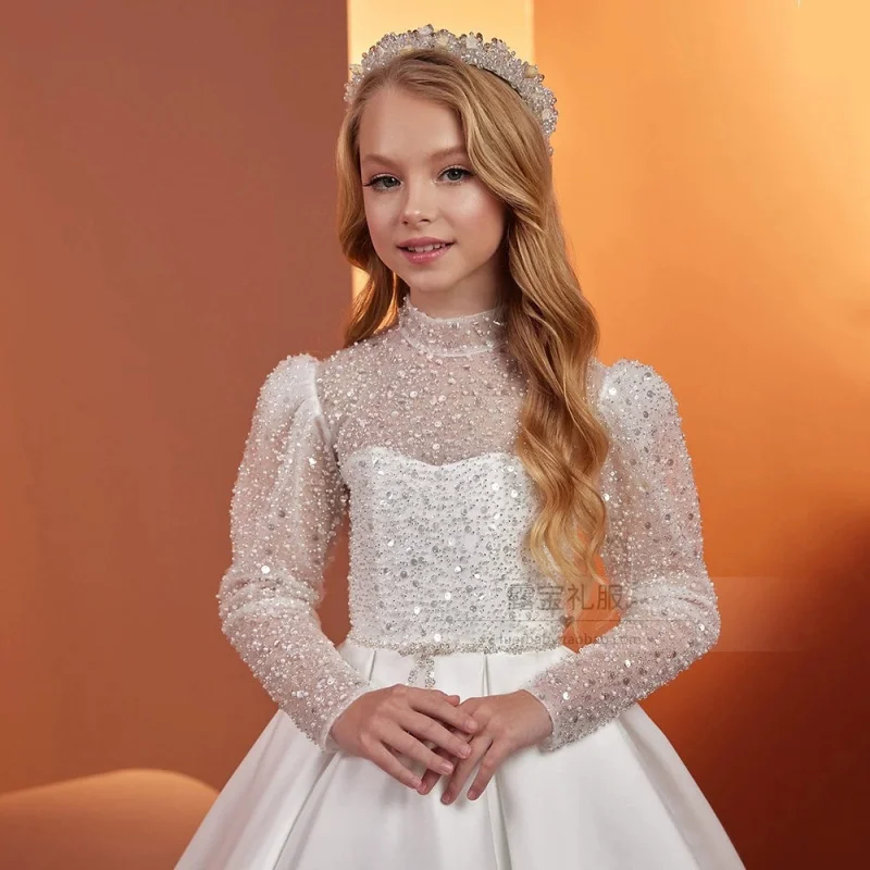 Princess Dress Children's Gown French Style New High-End Baby Girl Long Sleeve Tail Evening Dress Birthday Party Dress