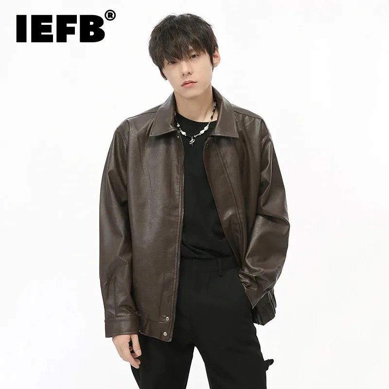 IEFB Niche Design Men\'s Jackets Loose Pu Leather Short Coats Turn-down Collar Solid Color Casual Male Tops Personality 9C7435