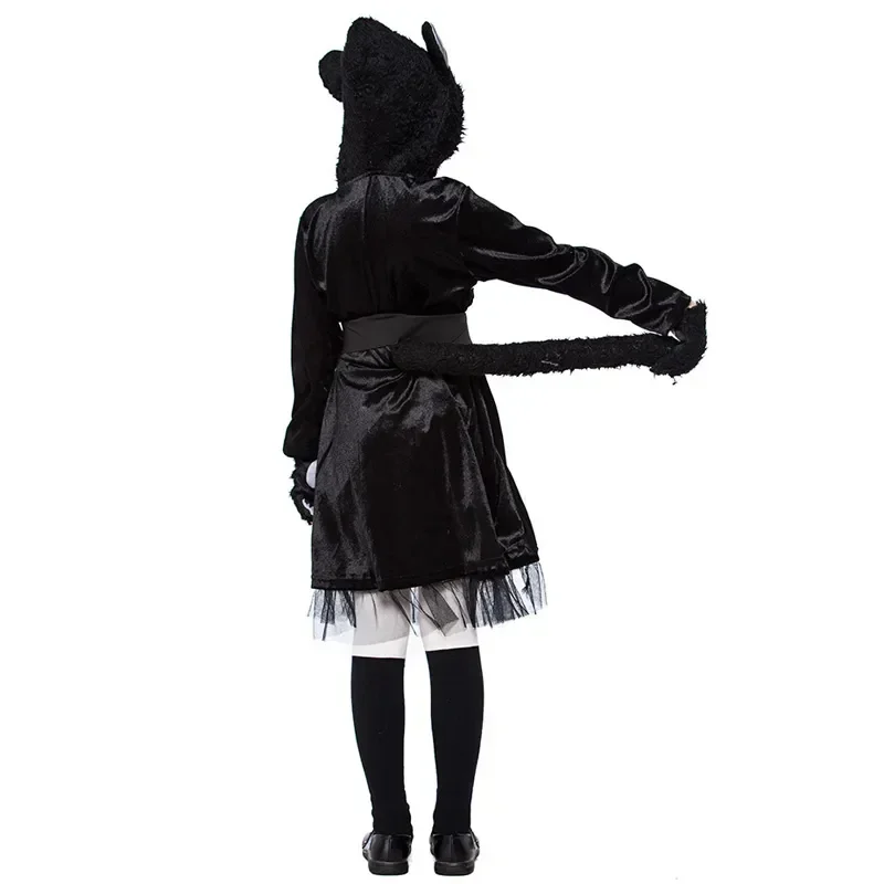 Kids Black Cat Hooded Dress Cosplay For Girls Halloween Masquerade Party Costume