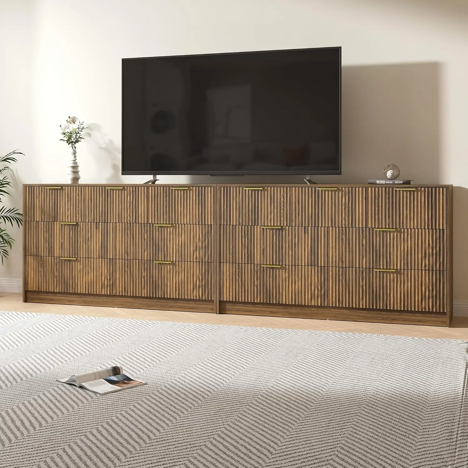 #White Wooden Long Dresser Set 14 Drawers Fluted TV Stand Bedroom Closet Furniture 110.2