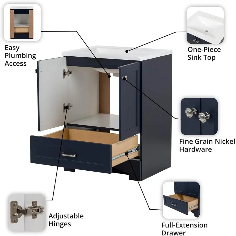 24 Inch Bathroom cabinet with Sink, Featuring one drawer and double-hinged cabinets doors, Easy Assembly, Bathroom cabinet