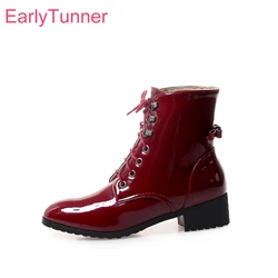 Brand New Glossy Black Wine Red Women Combat Boots Sexy Lady Riding Shoes Chunky Heels ES024 Plus Big Small Size 10 32 43