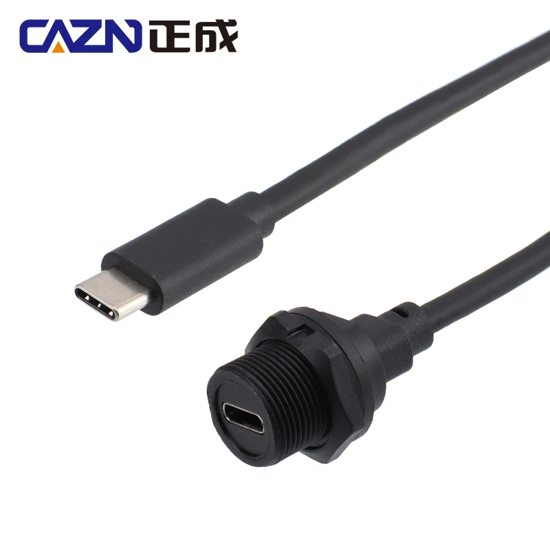 CAZN Waterproof IP67 IP68 Type C Male to Female Rear Mount Receptacle Overmolded Cable Threaded-type 3.1 10GB