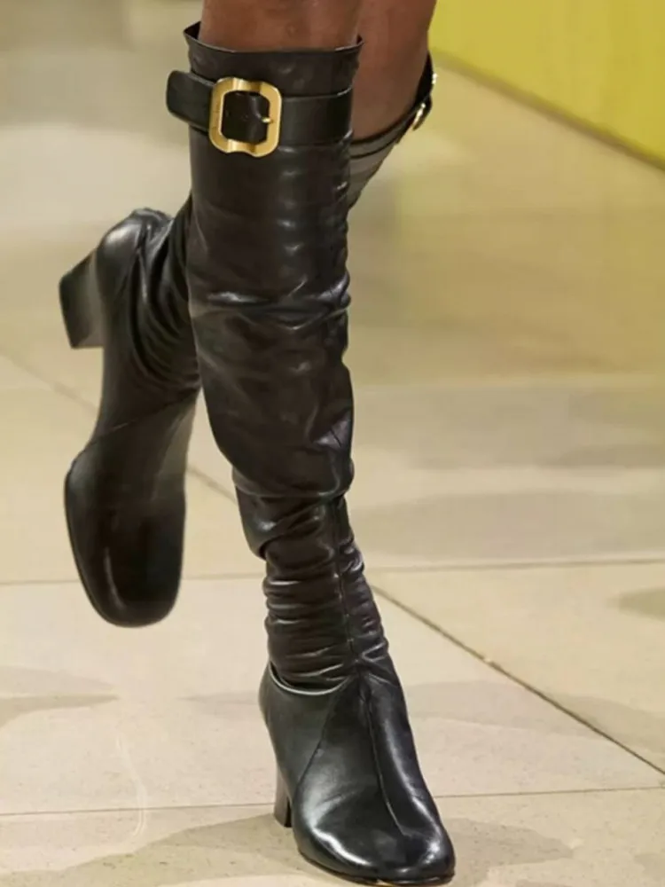 

Europe and America New Women's Coarse High Heels Knee Boots Round Head Belt Buckle Fashion Mid Heeled Boots Women's Short Boots