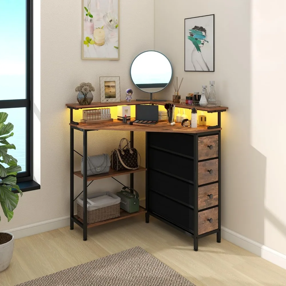 مكتب زاوية مدمج 90 درجة مع إضاءة LED وأدراج ومنافذ طاقة للألعاب والمساحات الصغيرة #5