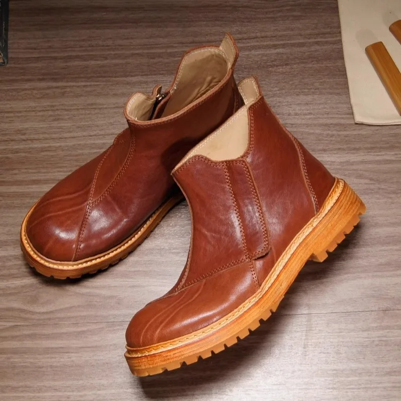 Men Vintage Brown Full Grain Leather Chelsea Boots Side Zipper Hand‑Stitched Thick Sole Round Toe Retro Casual Ankle Boots