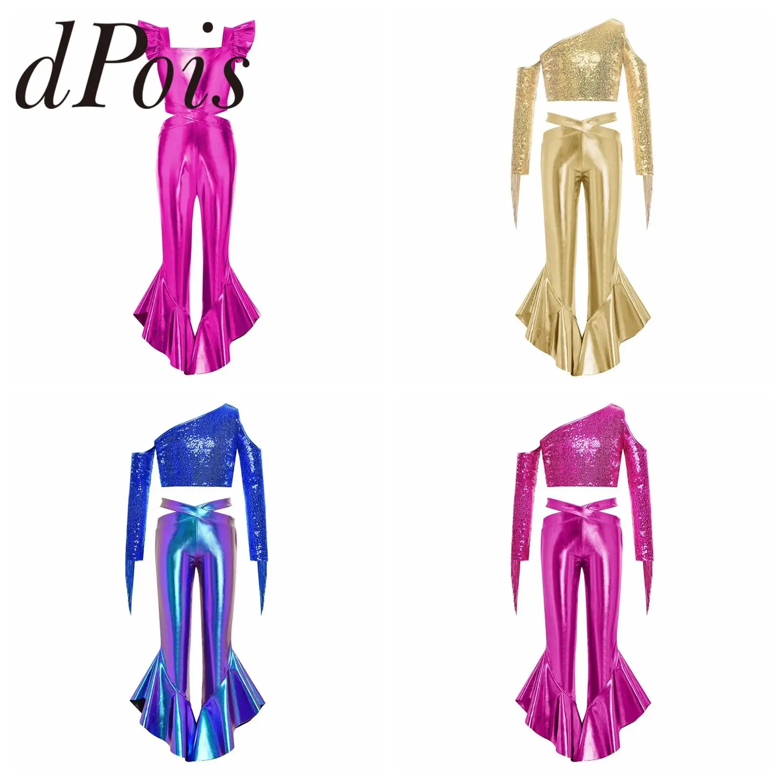 Children Metallic Flared Jumpsuit Disco Outfit Kids Streetwear Party Costume Birthday Outfits Girls Shiny Sparkly Romper Flares