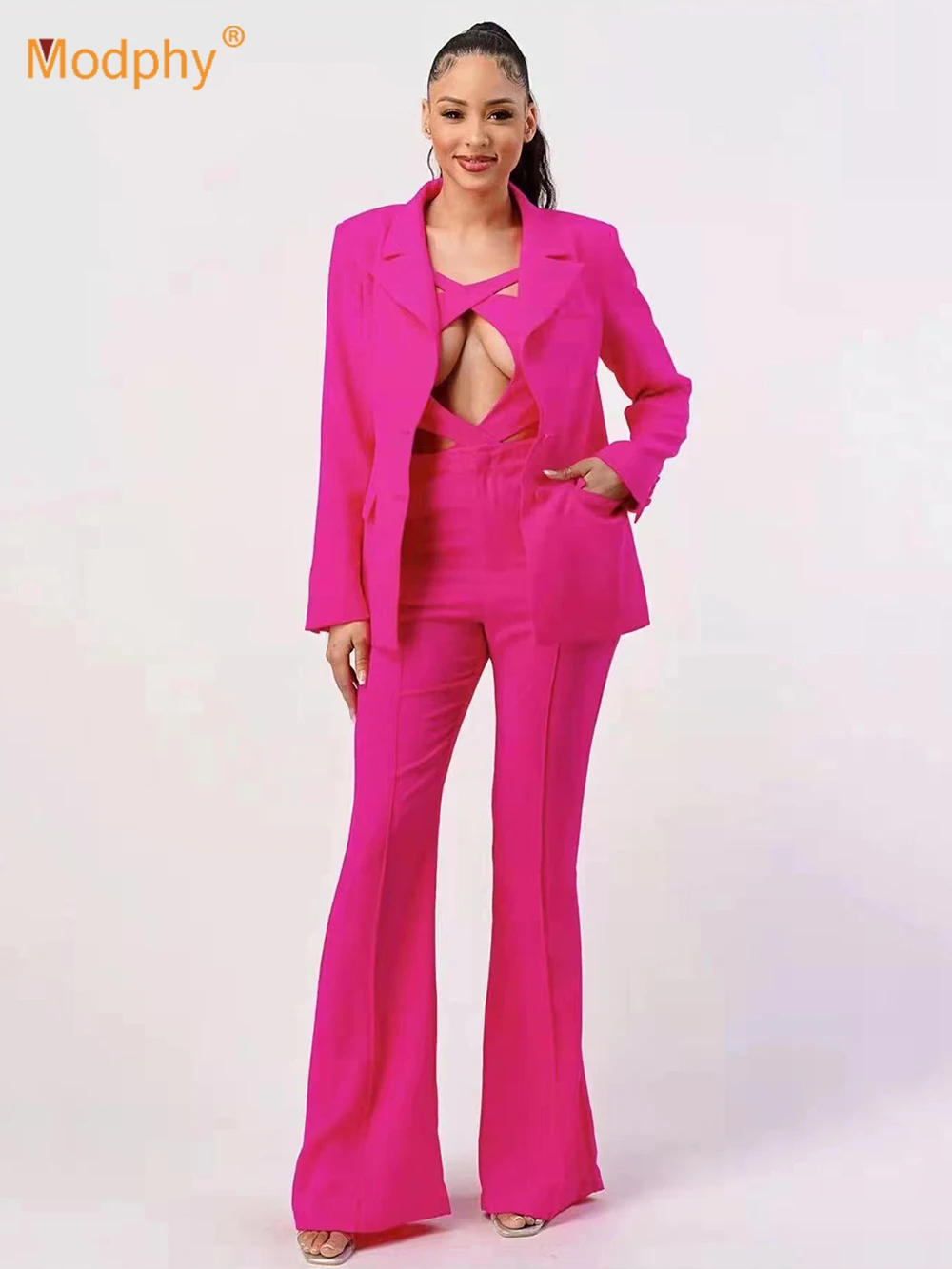 

Modphy Bright Pink Black Women'S Suit Fashion Detachable Top Design Jumpsuit & Blazer Two-Piece Set Office Formal Banquet Outfit