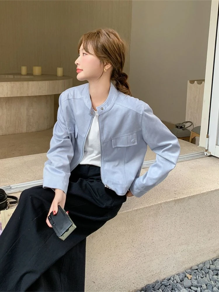 

Новинка 2025, женская синяя замшевая мотоциклетная куртка, модное весенне-осеннее пальто-карго, роскошная горячая распродажа