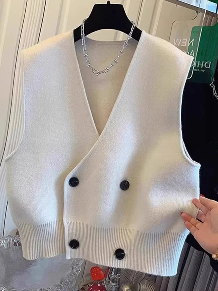 Comfortabel gebreid V-Ne Svel-vest Casual faionable gelaagdheid Top Knoopdetail Pure kleur Lenteseizoen Normale pasvorm