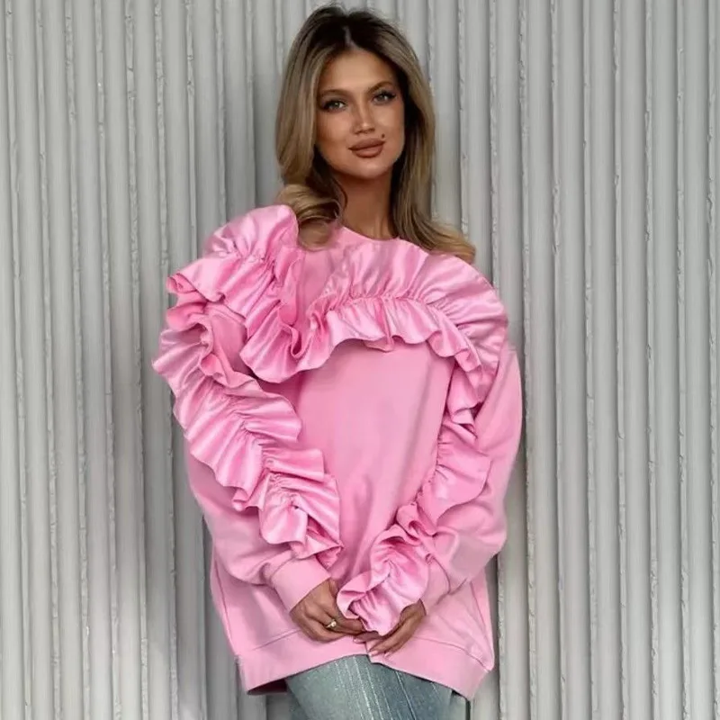 Women Clothing Chic Three-dimensional Decoration Long Sleeve Hoodies Spring Autumn Loose O-neck Solid Color Y2K High Street Tops