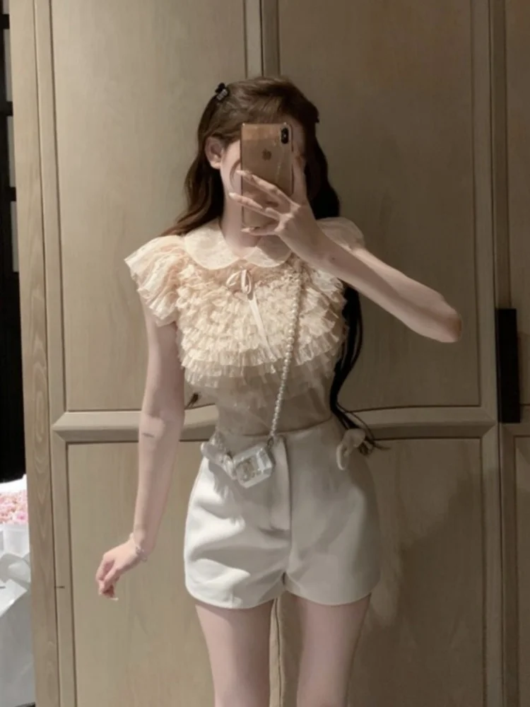 قميص شيفون نسائي بأكمام قصيرة وقصة ضيقة وربطة على شكل فراشة وياقة عصرية وأكمام طائرة للخريف #2