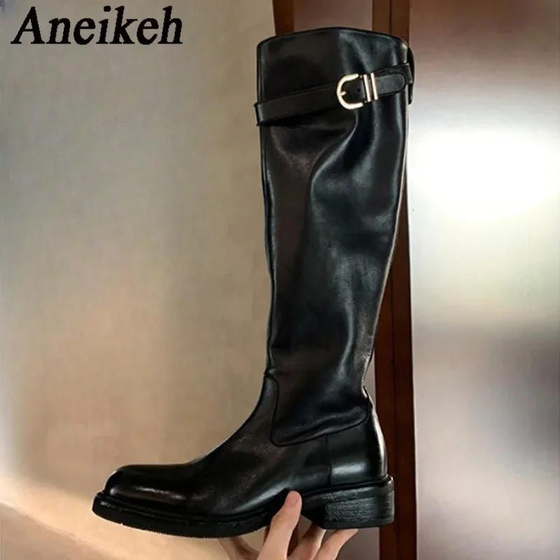 Aneikeh Brown Leather Buckle Strap Knee High Riding Boots Women Low Block Heel Retro Knight Long Boots Casual Footwear