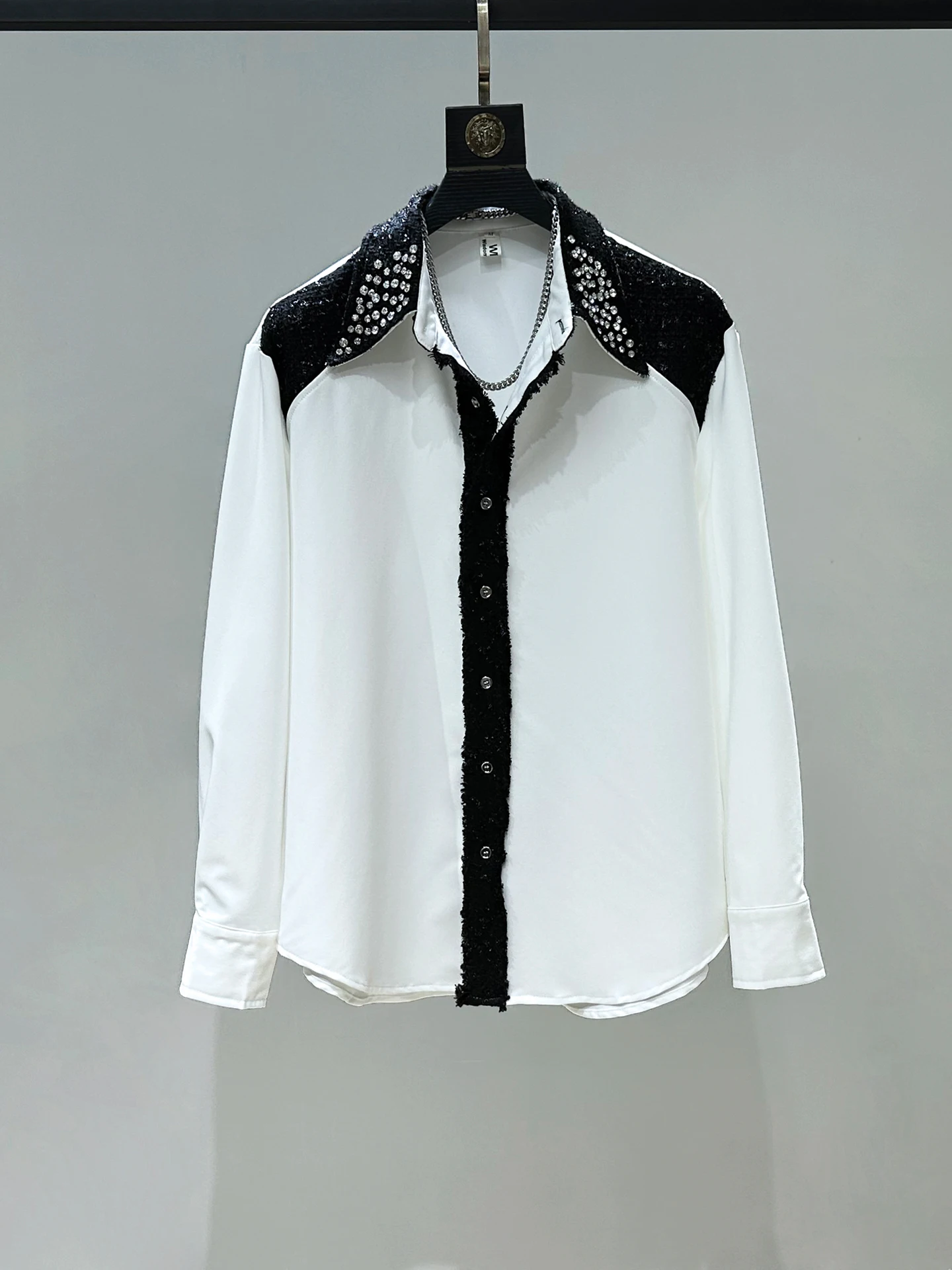 

Diamond Studded Loose Fit Long Sleeve Men's Shirt Trendy Shoulder Pad Fashionable Casual Polyester Fiber Shirt