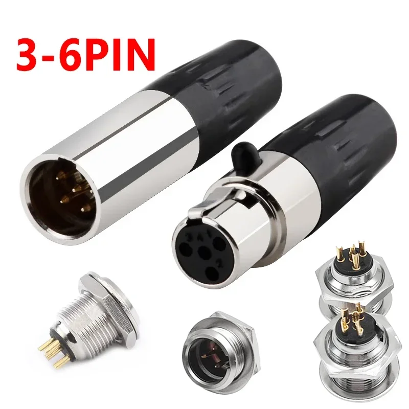 2Pcs 3/4/5/6Pin Mini XLR Connector Metal Panel Mount Socket XLR Female Jack Socket XLR Male Plug for MIC Audio Video