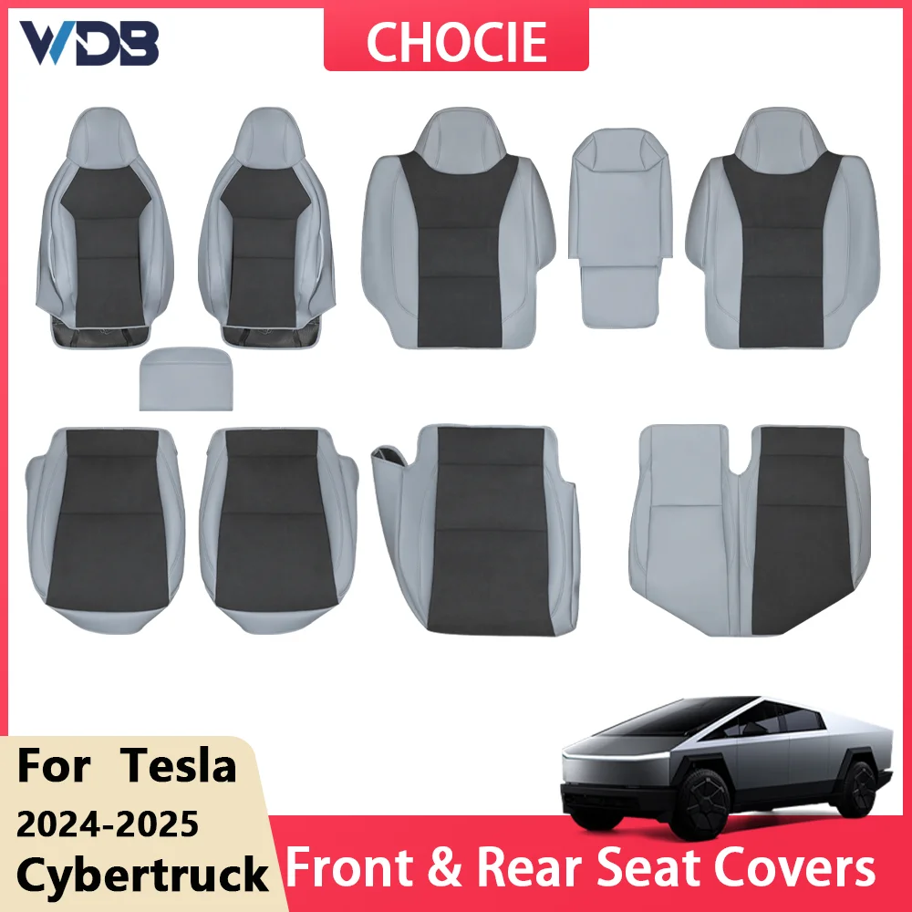 For Tesla Cybertruck 2024 Front & Rear Seat Covers Full Coverage Alcantara Leather  black gray Seat Protector with Armrest Cover