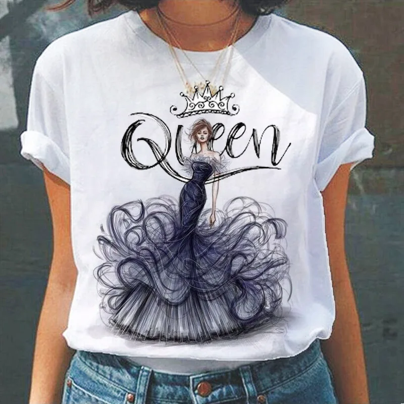 Women's Fashion Queen Model Personalized Short-Sleeve Printed T-Shirt, European and American Style Round Neck Women's Top Y2K