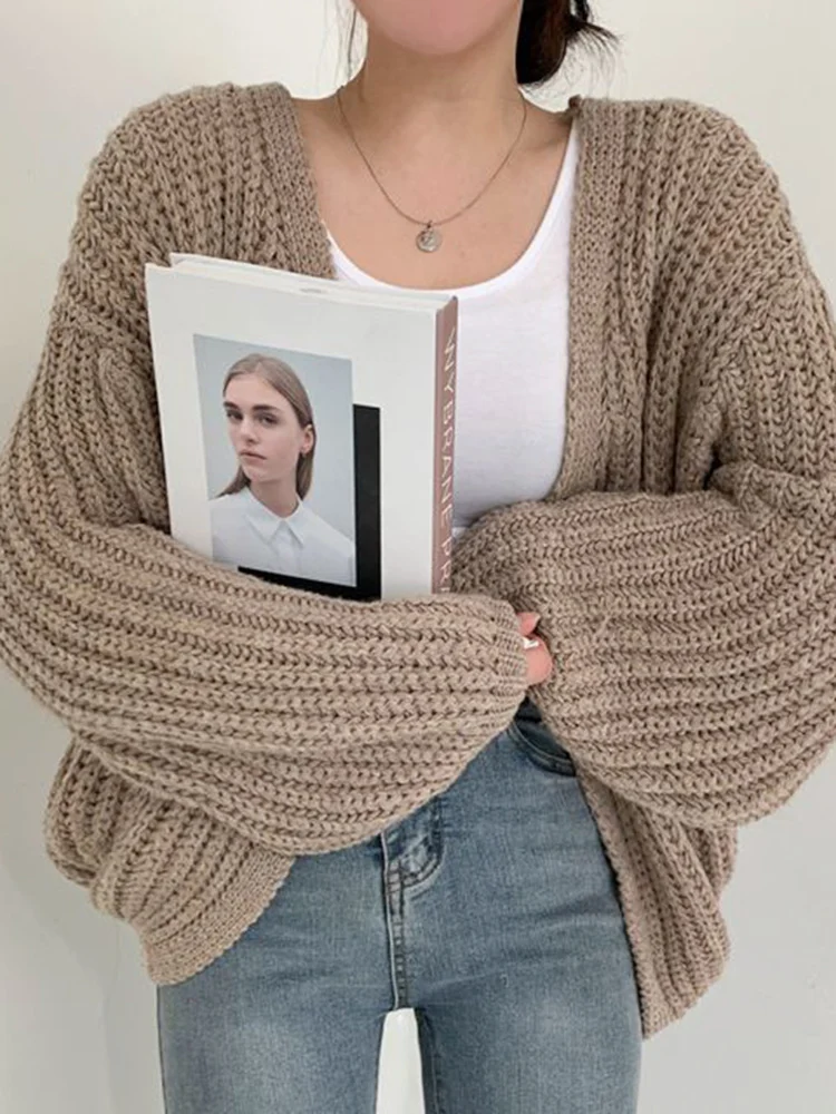 Chique outono preguiçoso sle v-ne versátil solto casual cor lanterna sve malha aberta cardigan camisola casaco