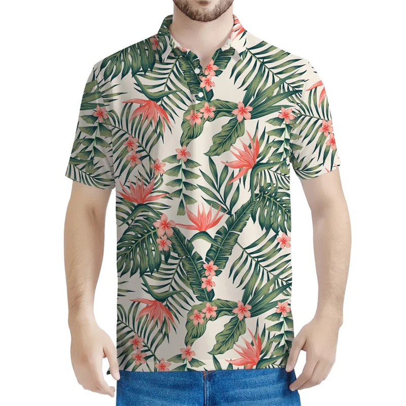 Blossom Tropical Leaves Pattern Polo Shirt Men 3D Printed Hawaiian T-shirt Summer Streetwear Short Sleeve Tops Lapel Tee Shirts