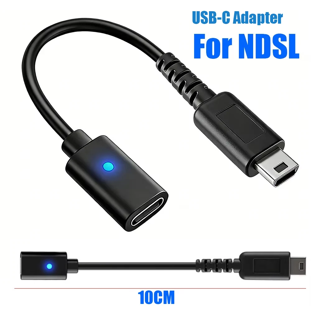 Adaptador de Carregamento USB-C Preto de 10CM com Luz Indicadora LED (Não-PD) para Console de Jogo Nintendo DS Lite NDSL