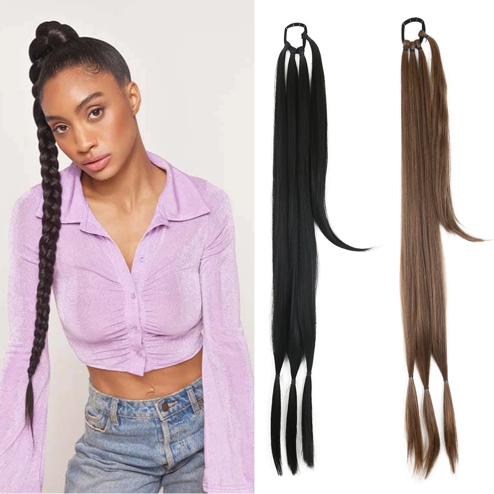 

34inches Synthetic Long Braided Ponytail Hair Extensions for Women Black Brown Pony Tail with Hair Rope High Temperature Fiber