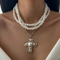 DIEZI Multilayer Vintage Imitation Pearl Cross Pendant Necklace For Women Punk Statement Chokers Clavicle Chain Necklace Jewelry
