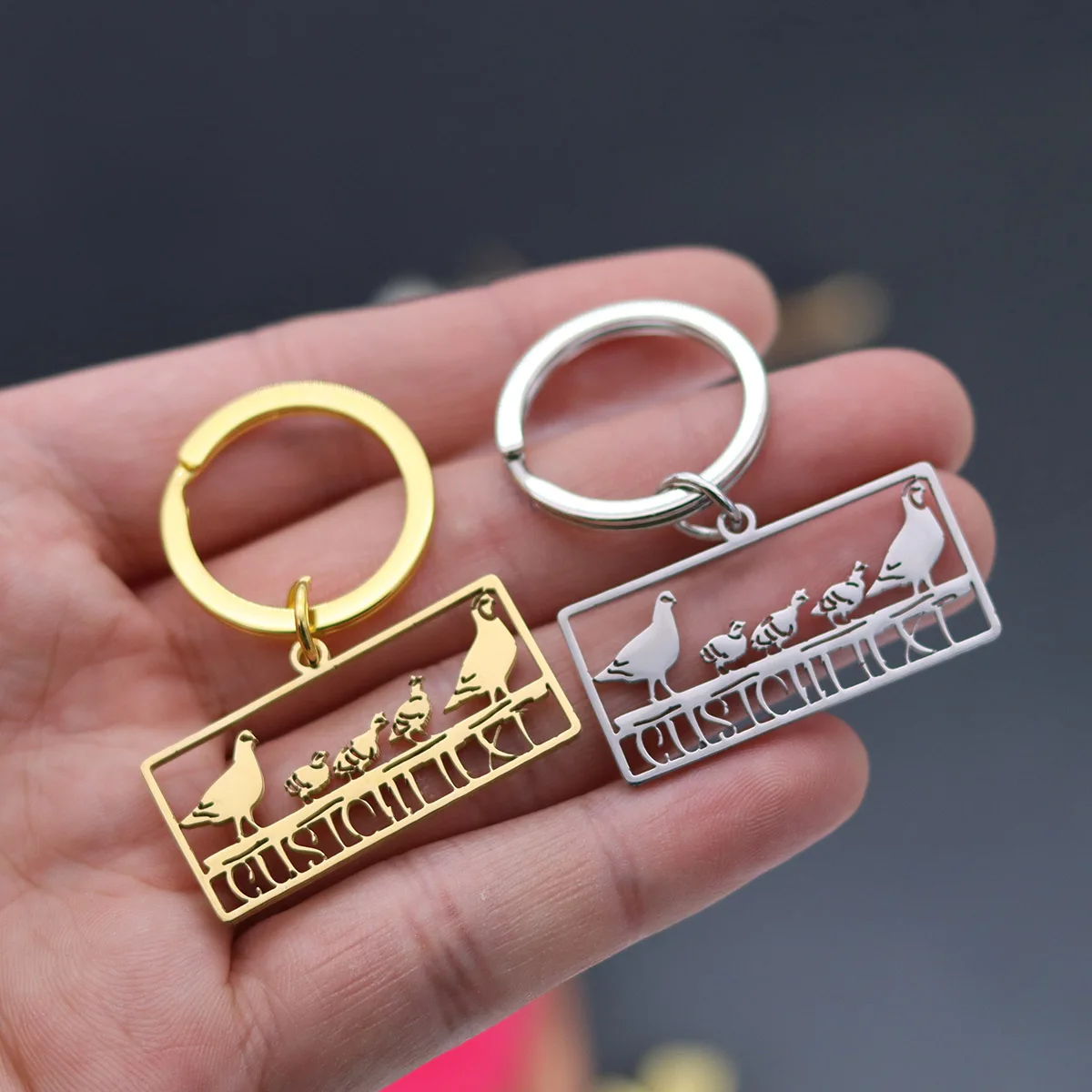 QIAMNI Stainless Steel Keychains Birds Pigeon Key Chains Personalized Custom Name Engraved Letters Keyring for Women Men Gift