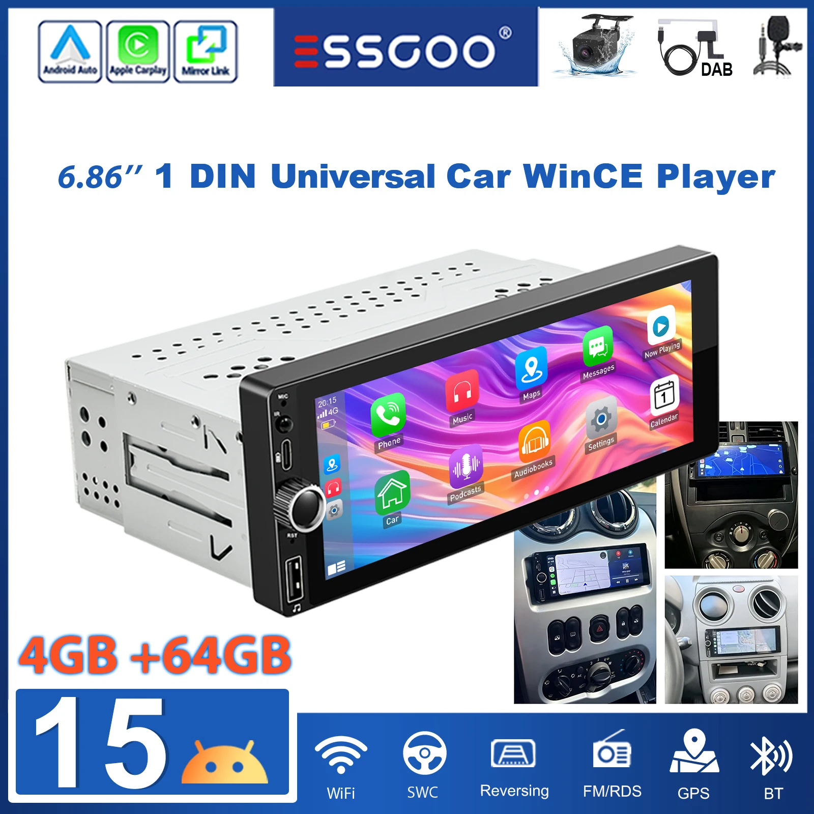 ESSGOO 6.86" 1 DIN Android15 Uniwersalne Radio Samochodowe 4GB+64GB Bezprzewodowy Carplay BT USB Type-C Android Auto GPS NAVI RDS FM WIFI Bluetooth Mirror Link sterowanie z kierownicy Ekran Dotykowy