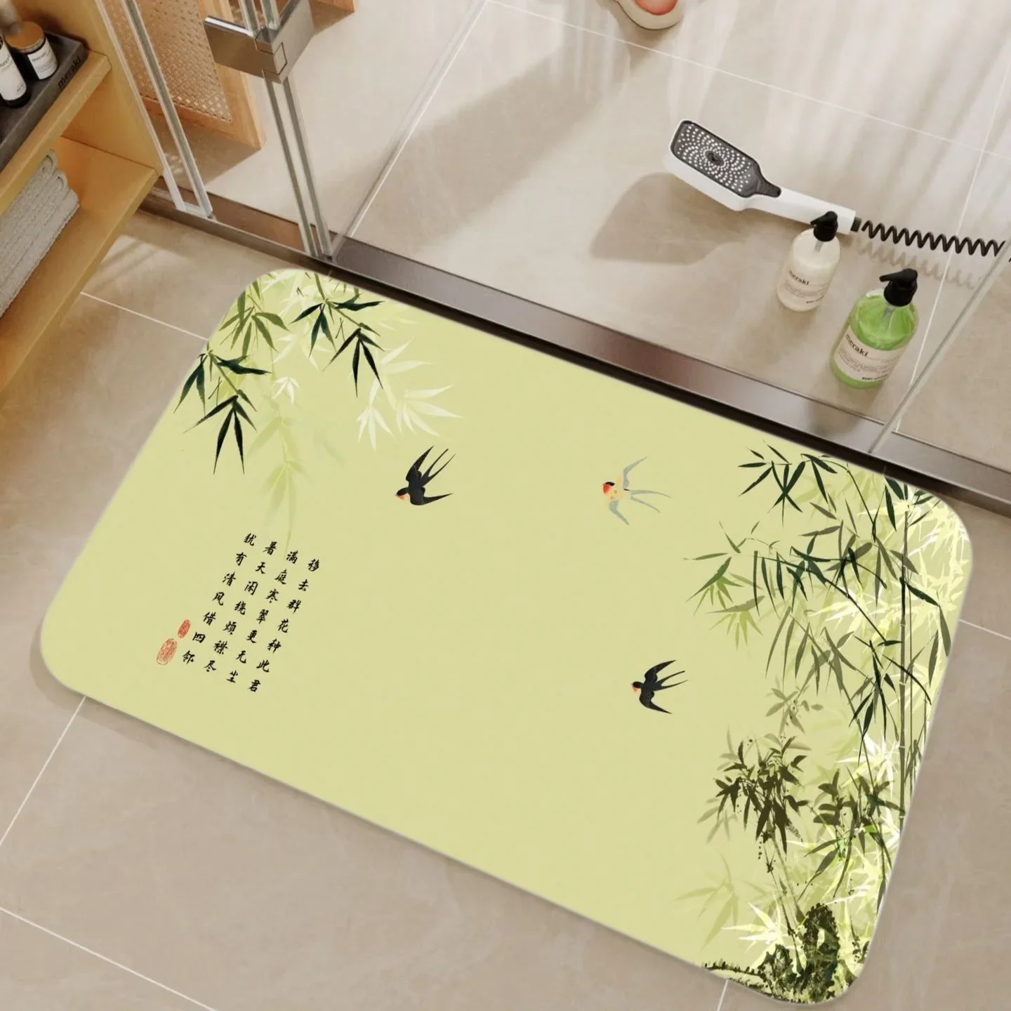 VIKAMA Bamboo & Chinese Calligraphy Diatom Mud Shower Mat, Machine Washable Non-Slip, Decor for Bathroom Entryway Kitchen