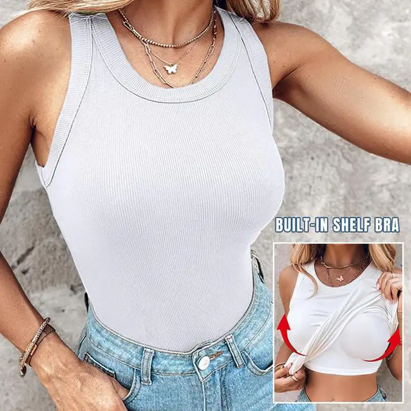 Women's Tank Top with Bra Ribbed Cotton Sleeveless Basic Knit Cami Shirts Workout Top Undershirt Tee