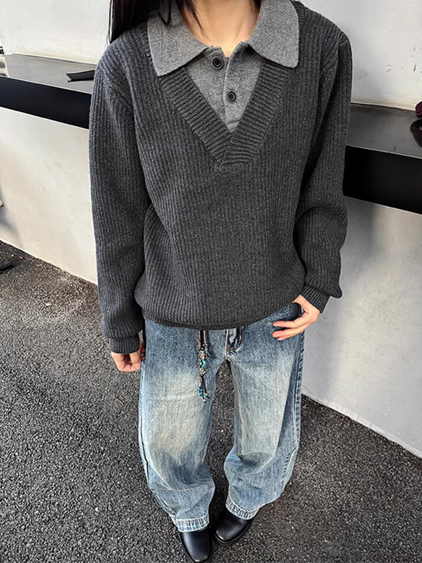 

Свободный вязаный свитер с лоскутным полосатым дизайном, повседневный винтажный стиль, с длинными рукавами, с воротником, базовая модель для мужчин и женщин