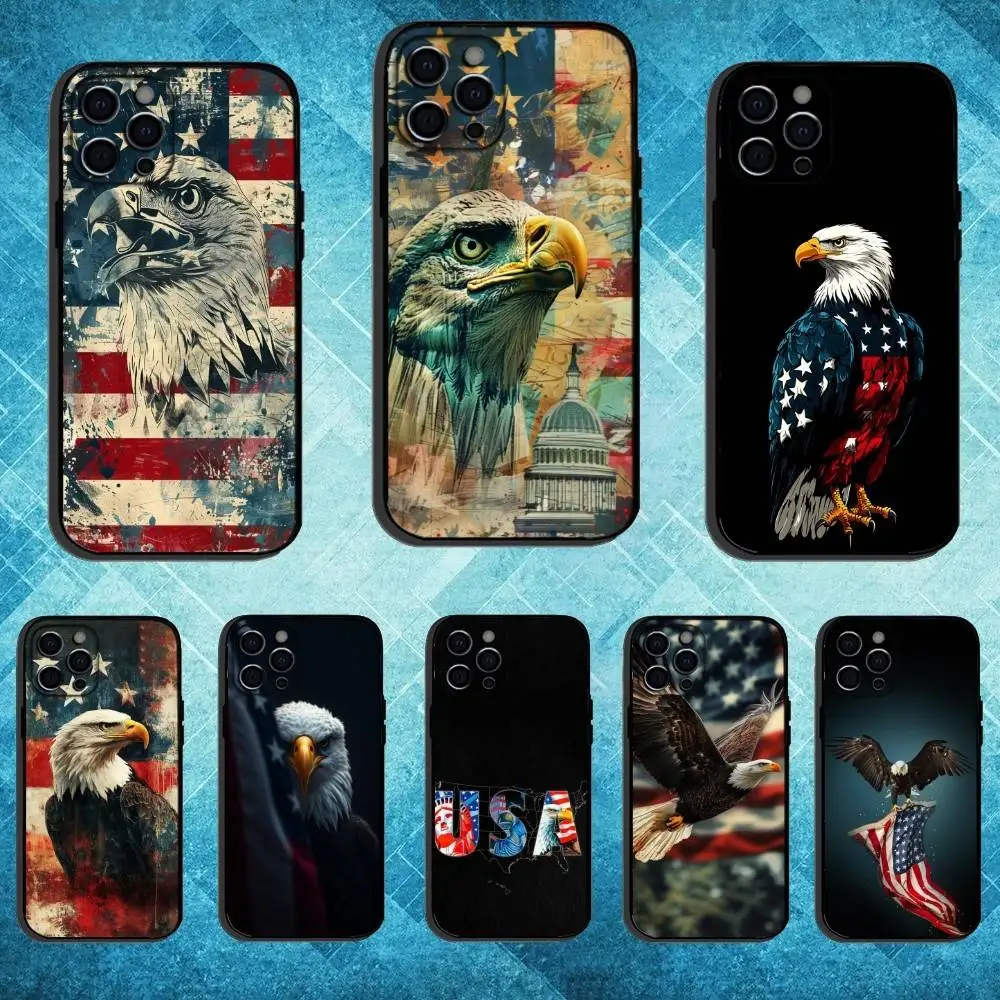 حافظة هاتف النسر الأصلع الوطني الأمريكي لهاتف iPhone17,16,15,14,13,12,11 Plus، Pro Max غطاء أسود ناعم