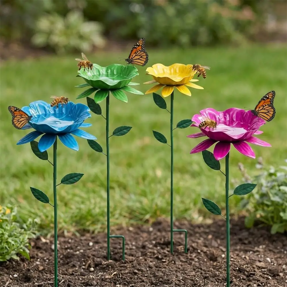 Flower Shape Metal Garden Birdbath Handcrafted Rust Resistant Bee Watering Station Wavy Curved Petal Weather Resistant