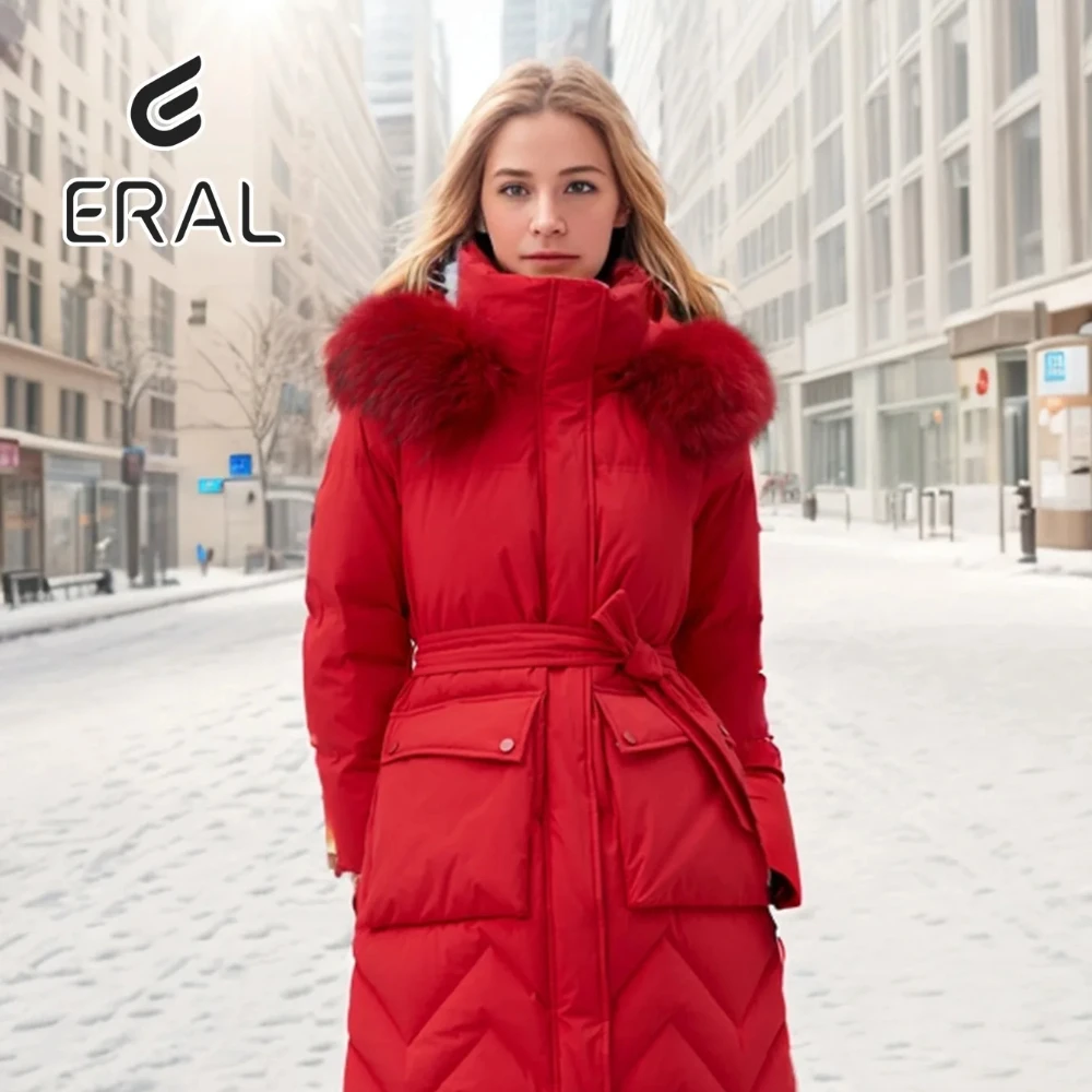 Eral Women's down jacket loose version hooded style thickened large pockets urban commuting daily wear polyester duck down