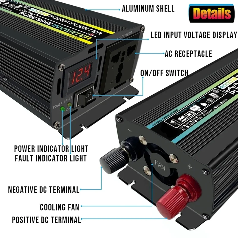 Convertitore di potenza per inverter per auto a onda sinusoidale pura da 4000 W DC12V a AC 220 V 60 Hz Convertitore di presa per campeggio all'aperto per casa auto