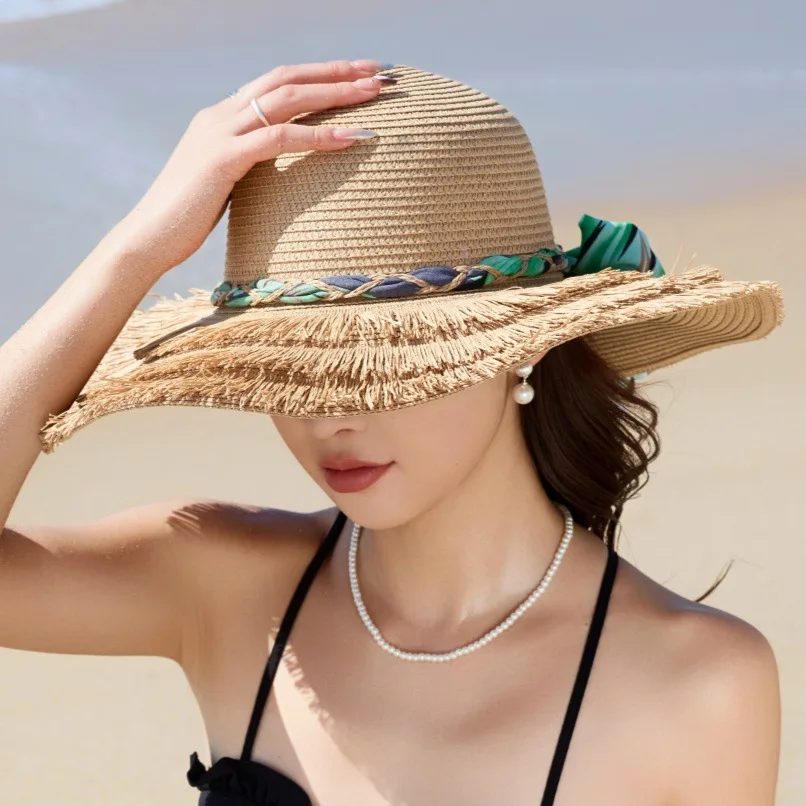 

Hawaiian straw hat women's summer oversized brim fringed beach hat seaside vacation big brim sun hat wholesale women hat