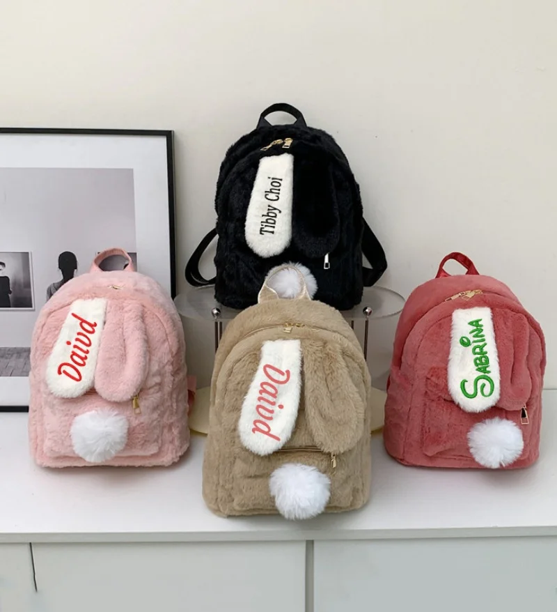 

Cute plush embroidered bag, new two tone rabbit ear bag, women's backpack