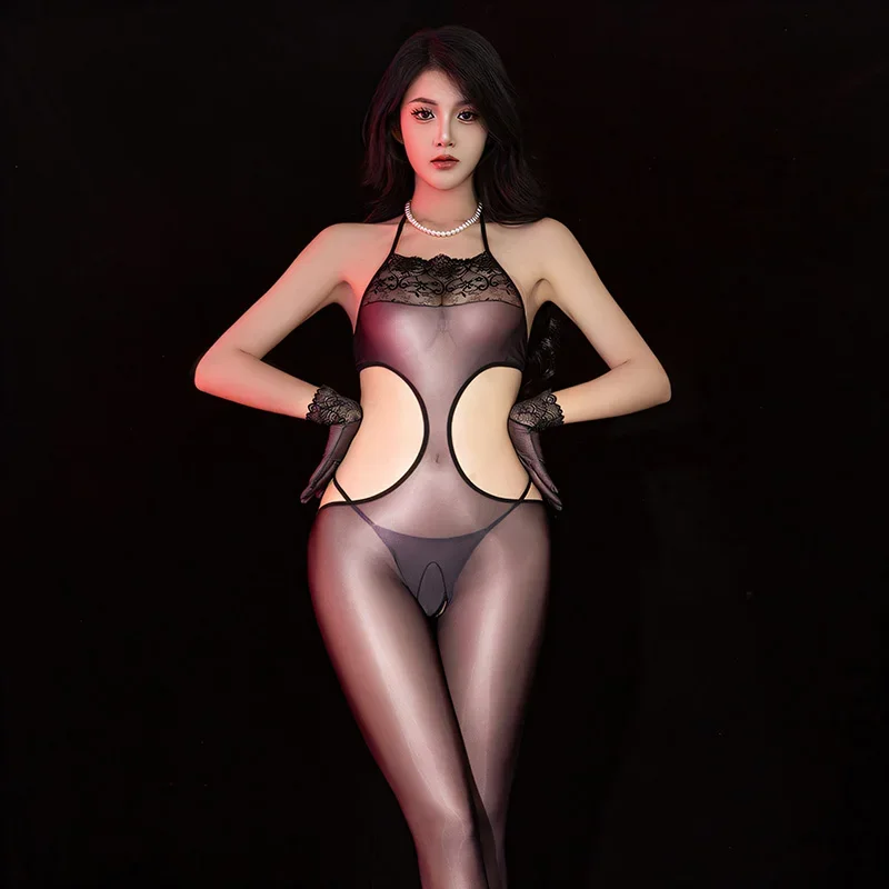 مثير الدانتيل النفط لامعة لامعة ارتداءها الرسن انظر من خلال Crotchless حللا النساء SM جوارب الجسم المثيرة الملابس الداخلية الجنس ازياء