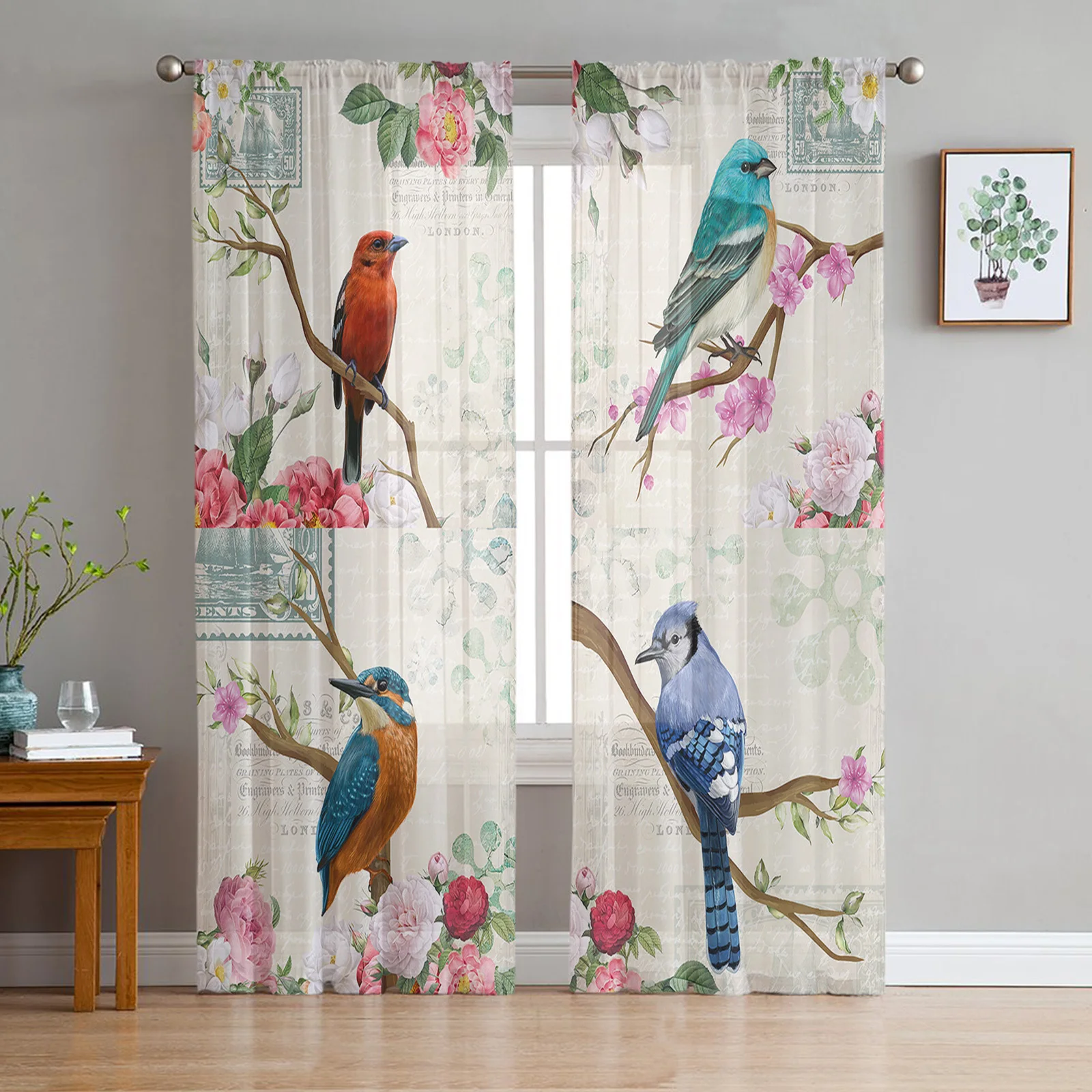 Vintage Flowers And Birds Tulle Curtains for Living Room Bedroom Decoration Transparent Chiffon Sheer Voile Window Curtain