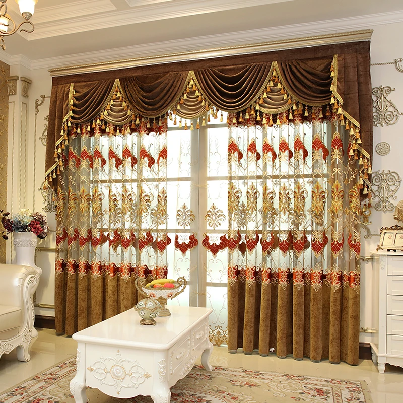 

Custom curtain European luxury Hollow-out embroidered chenille velvet yellow cloth blackout curtain tulle valance drape M1379