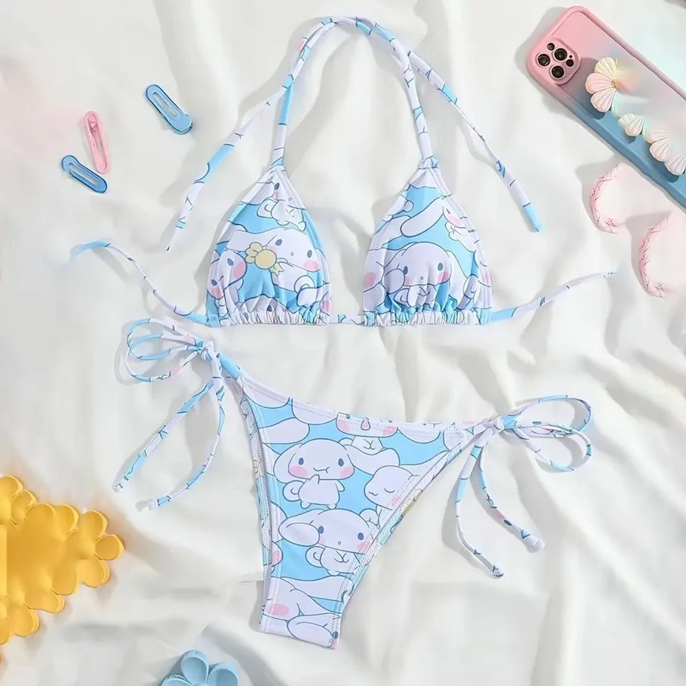 

Милый аниме-купальник Cinnamoroll Kuromi: летний пляжный комплект с мягкими боковыми бретелями, трусики, кавайный купальник Hello Kitty, уютный купальник в стиле Y2K