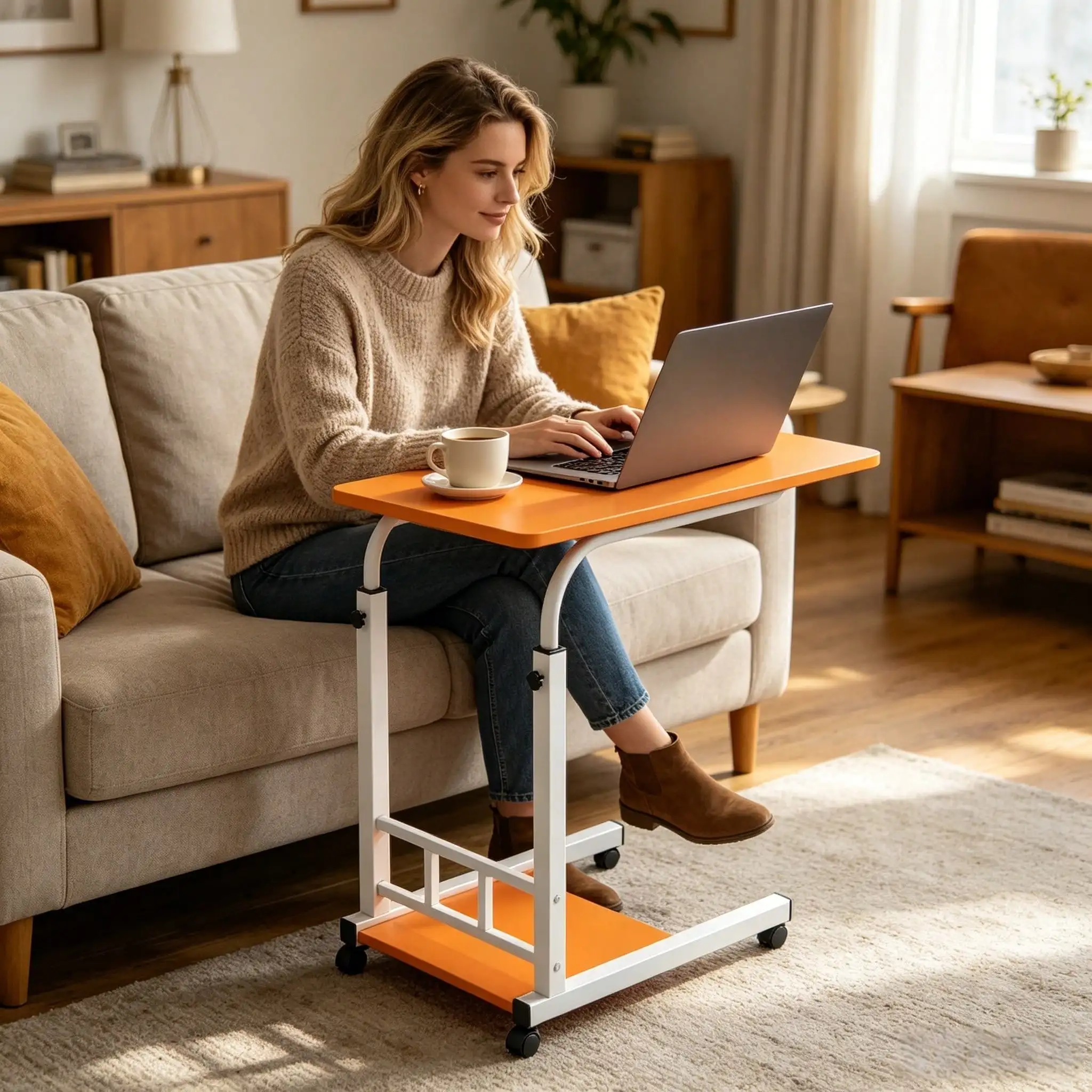 Height Adjustable C-Shaped Side Table with Wheels Portable Rolling Laptop Desk for Sofa Bed Couch