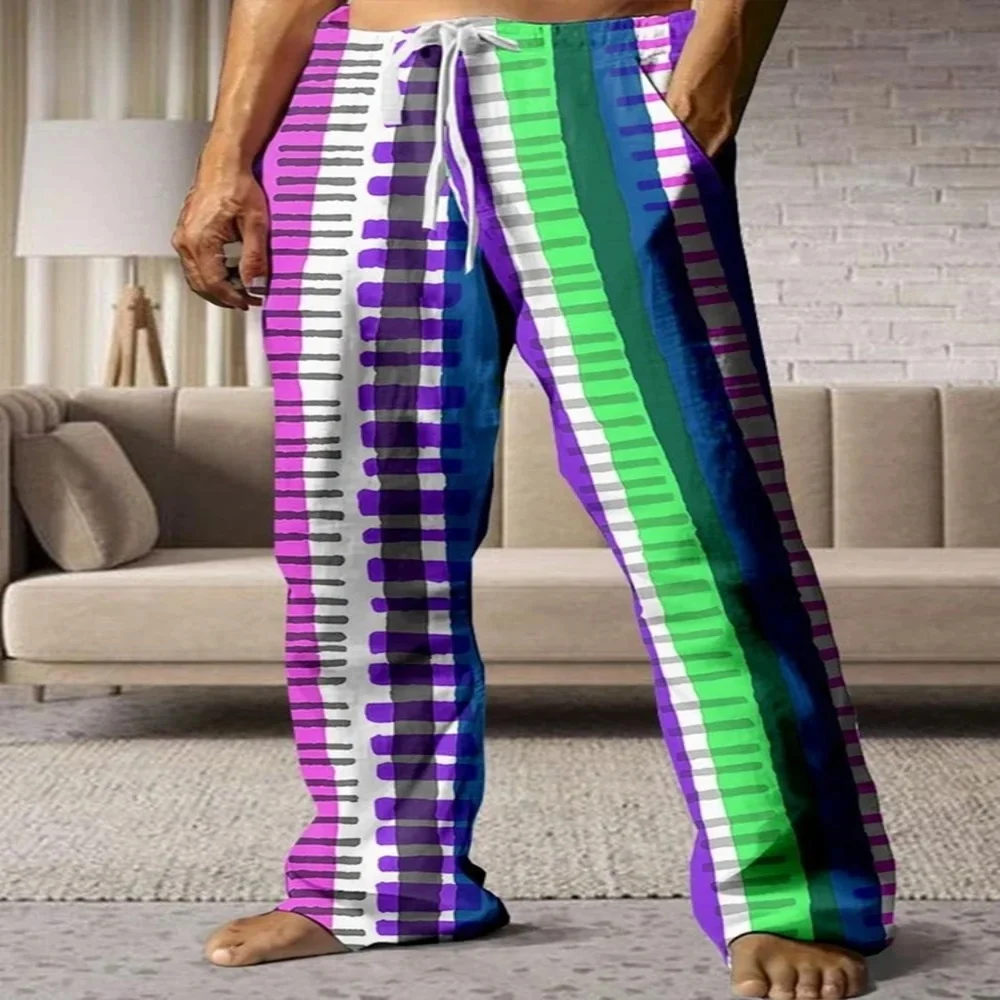 Summer 2025 men's casual pants, 3D multi-color striped printed fashionable and comfortable straight-leg pants