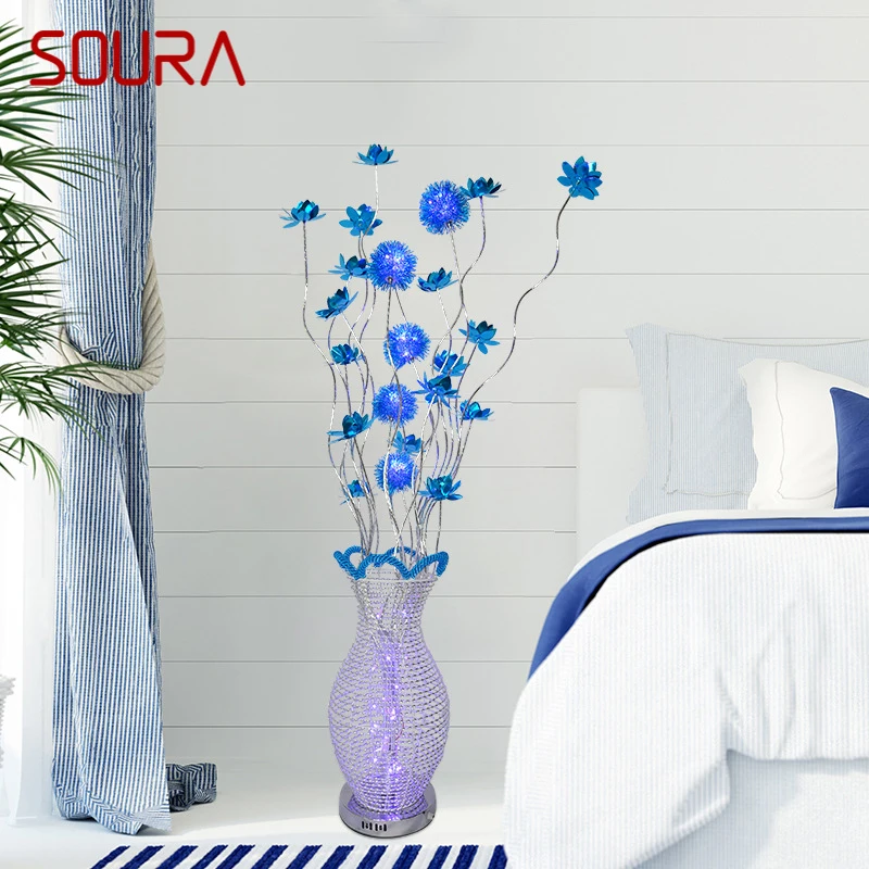 SOURA Nordic Blue Floor Lamp Modern Art Living Room Bedroom Hotel  Aluminum Wire LED Originality Flower Decorative Light