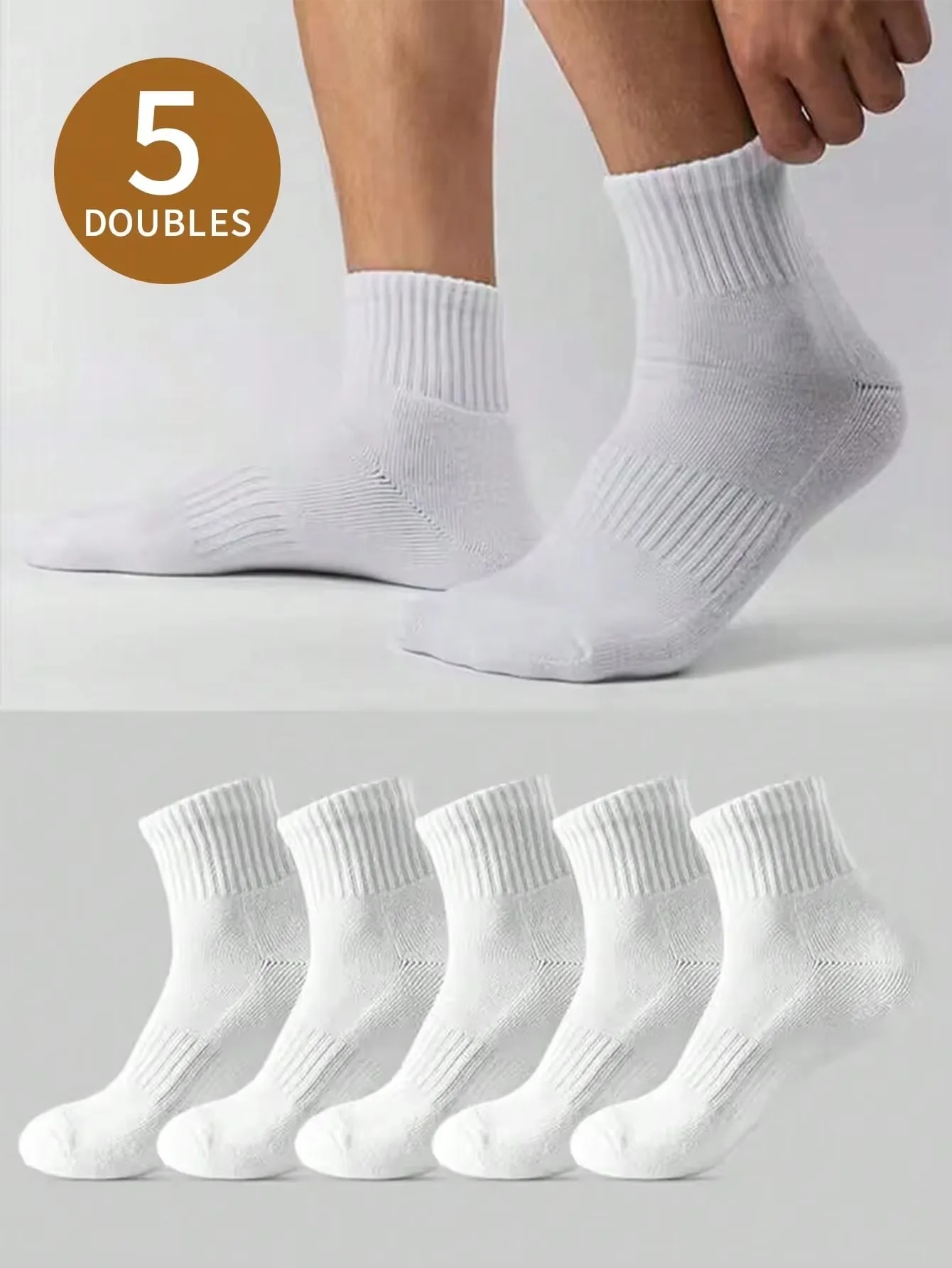 5 paires de chaussettes de sport blanches anti-odeur pour hommes, longueur tube court, adaptées au printemps, à l'été et à l'automne, chaussettes pour hommes et femmes
