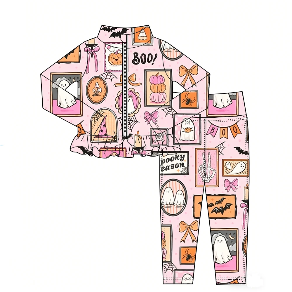Hot Selling Halloween Collection Girls' Ruffled Hem Long-Sleeved Zipper Top and Leggings Boutique Set