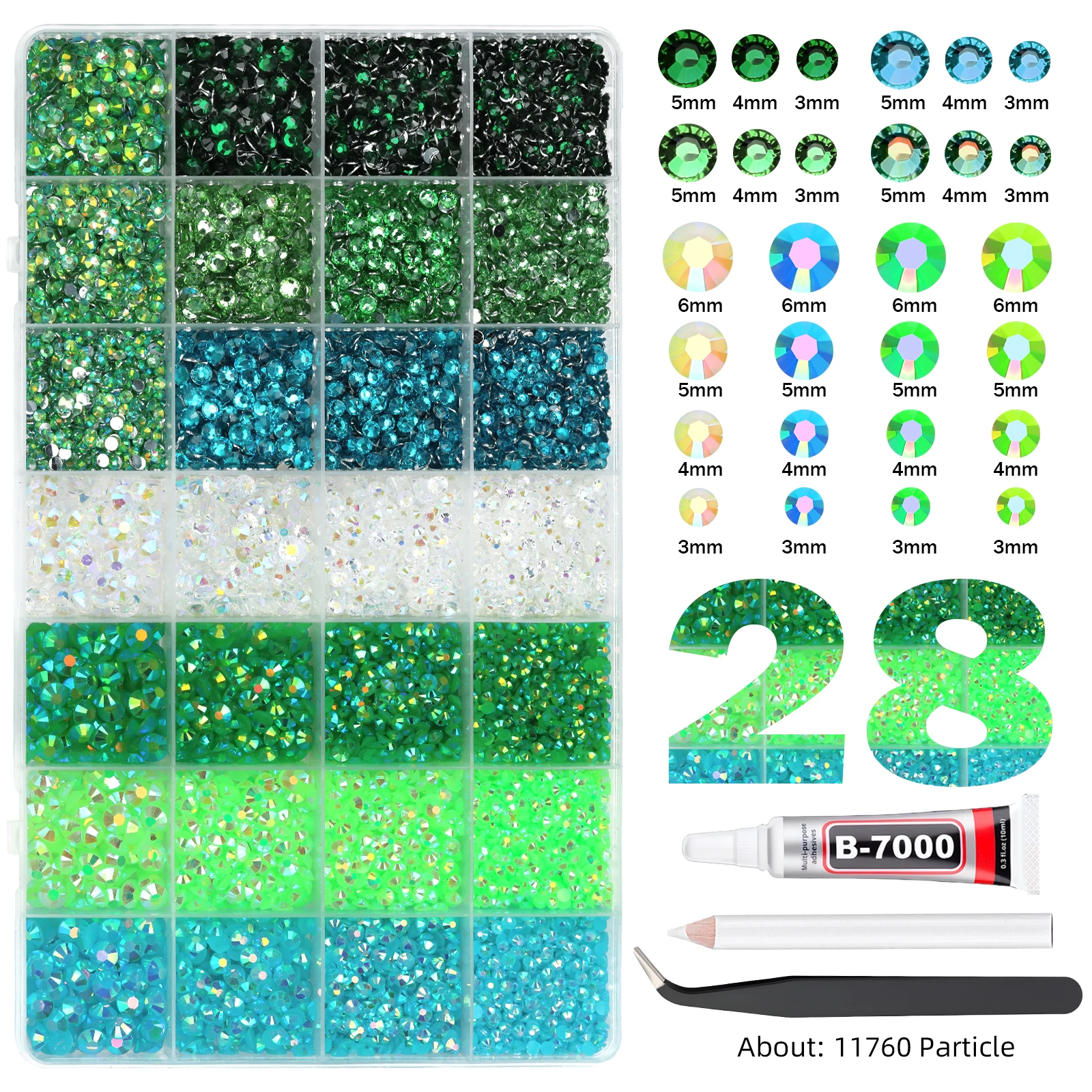 28Grid 3/4/5/6mm Gemengde Kleur Harsen Boor AB Strass Set Platte Achterkant Nagelboor Voor Telefoon Kleding DIY Decoratie Nagels Ambachten