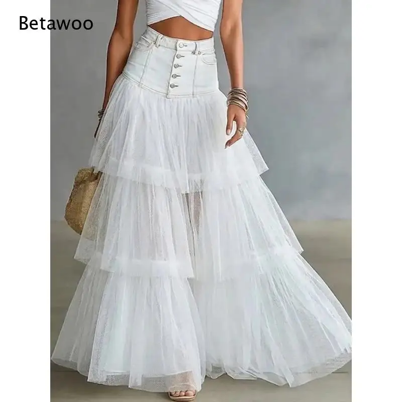 Ladies Denim Waist Tiered Tulle Long Skirt High Rise Multi Buttons Design Layered Ruffle Tulle Skirt for Daily Holiday Outfit