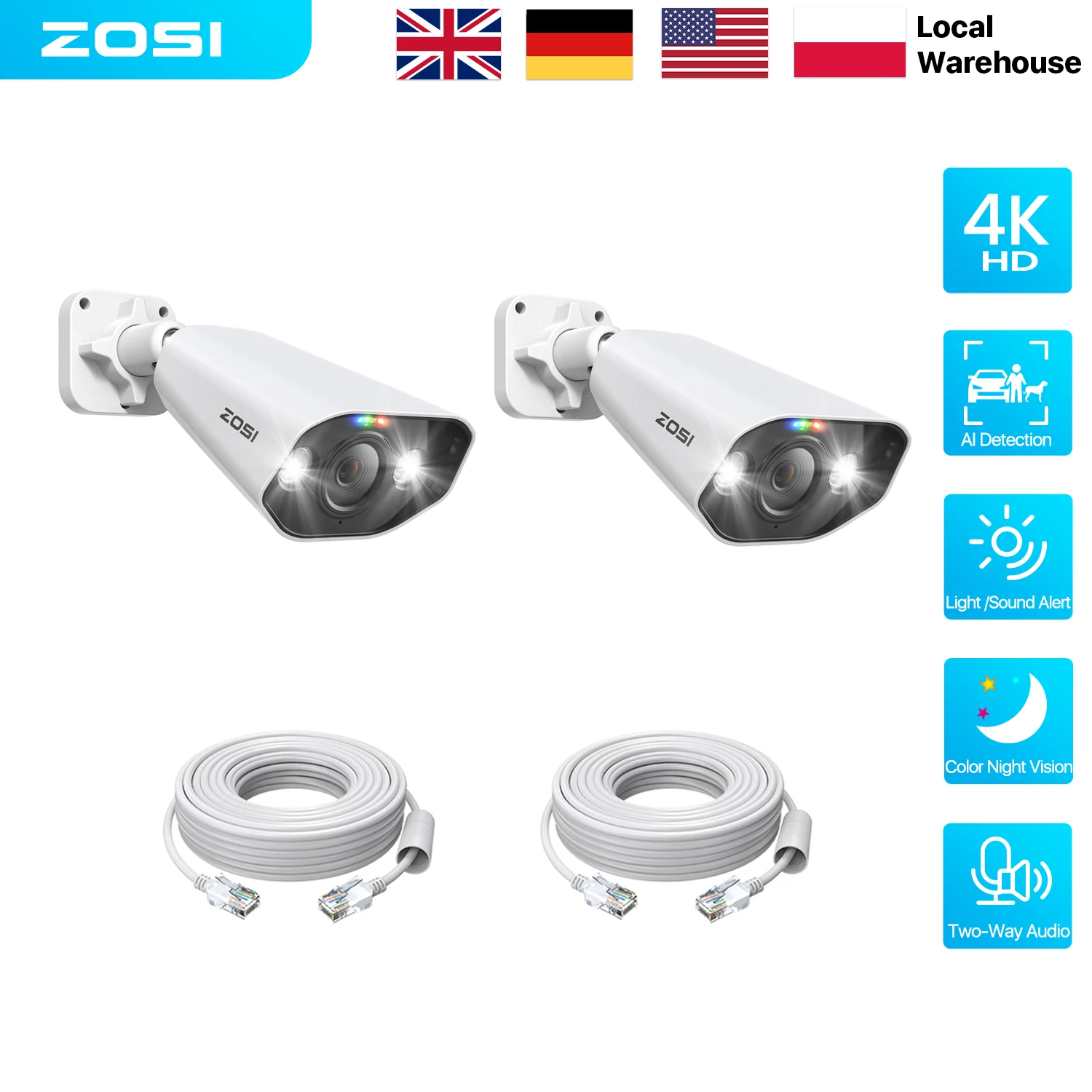 ZOSI 4K 3K Add-on PoE Outdoor Security Camera 8MP 5MP Smart AI Detection 2-Way Audio Color Night Vision IP Surveillance Cam